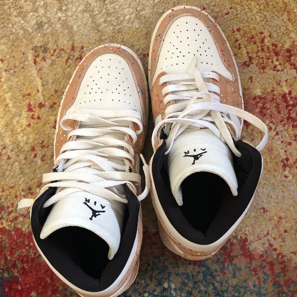 Nike Air Jordan 1 Mid White & Tan Suede with Multicolor Paint Splatter - Picture 4 of 7